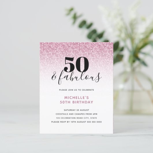 Budget roze Glitter 50 & Fabulous Birthday Invite (Staand voorkant)