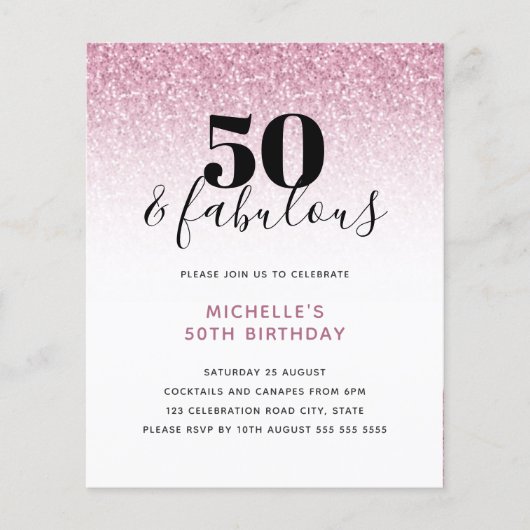 Budget roze Glitter 50 & Fabulous Birthday Invite (Voorkant)