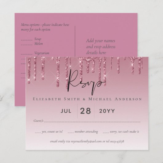 BUDGET Roze Glitter Bruiloft RSVP Briefkaart (Voorkant / Achterkant)