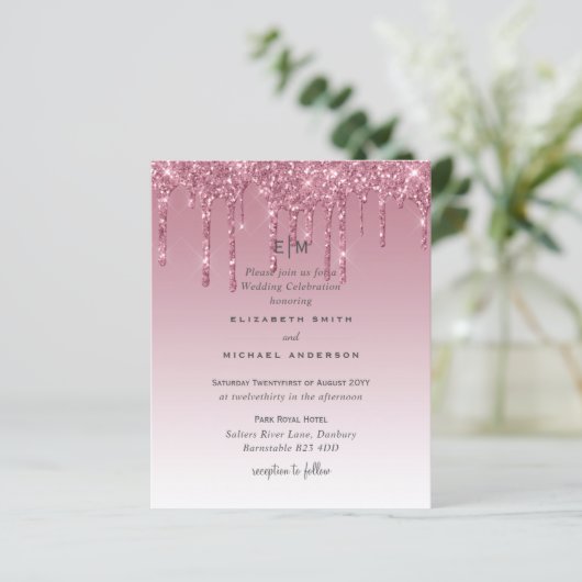 BUDGET Roze Glitter Bruiloft Uitnodigingen (Staand voorkant)