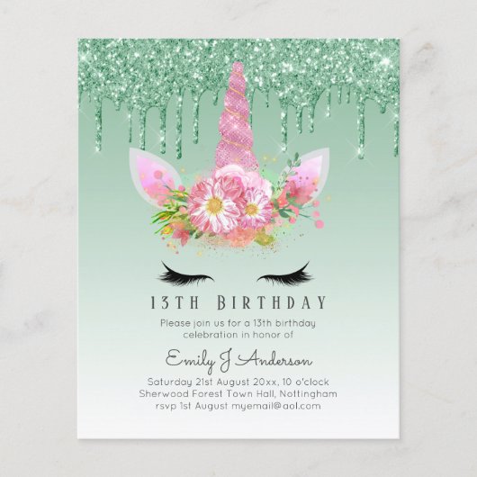 BUDGET Roze Glitter Eenhoorn Meisjes Verjaardagsui Flyer (Voorkant)