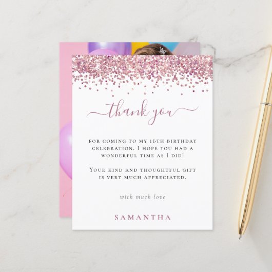 Budget Roze Glitter Foto Sweet 16 Hartelijk dank (Voorkant / Achterkant in situ)