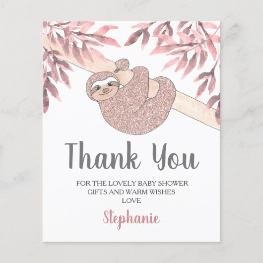 Budget Roze Glitter Luiaard Baby Shower Bedankt (Voorkant)