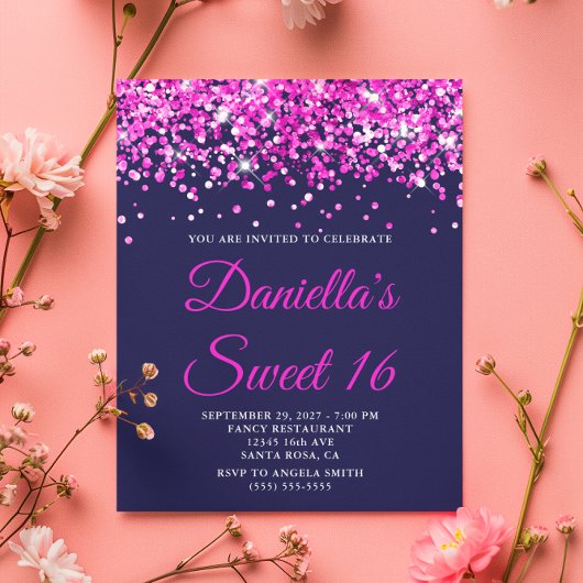 Budget Roze Glitter Navy Zoete 16 Uitnodiging