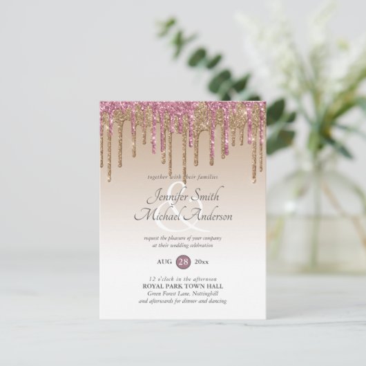 Budget Roze GlITTER Roze Goud TROUWKAARTJE Briefkaart (Staand voorkant)