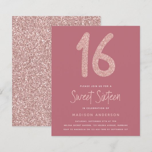 BUDGET Roze Glitter Sweet 16 Uitnodiging (Voorkant / Achterkant)