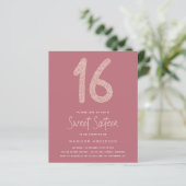 BUDGET Roze Glitter Sweet 16 Uitnodiging (Staand voorkant)