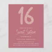 BUDGET Roze Glitter Sweet 16 Uitnodiging (Voorkant)