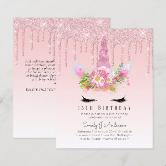 BUDGET Roze Glitter Unicorn Girls Birthday Invita (Voorkant / Achterkant)