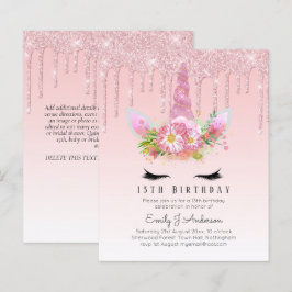 BUDGET Roze Glitter Unicorn Girls Birthday Invita