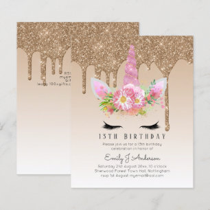 BUDGET Roze Glitter Unicorn Girls Birthday Invita