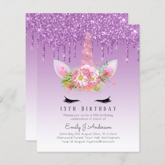 BUDGET Roze Glitter Unicorn Girls Birthday Invita (Voorkant / Achterkant)