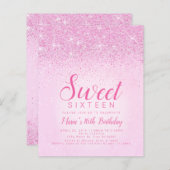 Budget Roze Glitters, Sweet 16 Uitnodigingen (Voorkant / Achterkant)