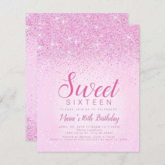 Budget Roze Glitters, Sweet 16 Uitnodigingen (Voorkant / Achterkant)