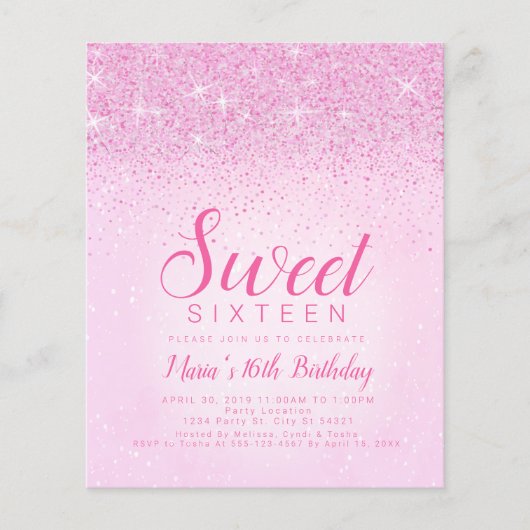 Budget Roze Glitters, Sweet 16 Uitnodigingen (Voorkant)