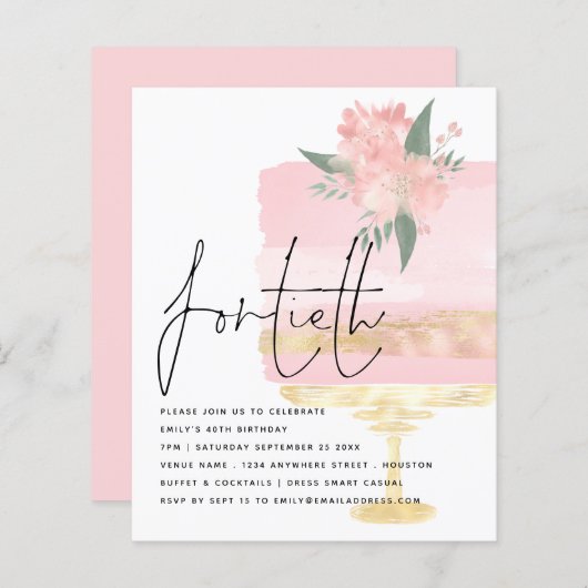 Budget Roze Gold Birthday Cake 40th Party Invite (Voorkant / Achterkant)