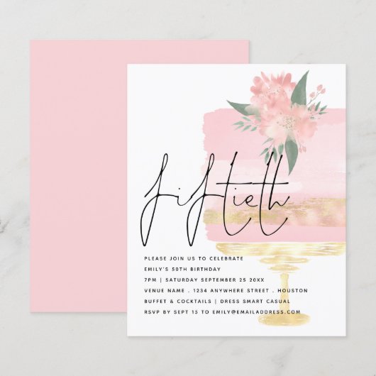 Budget Roze Gold Birthday Cake 50th Party Invite (Voorkant / Achterkant)