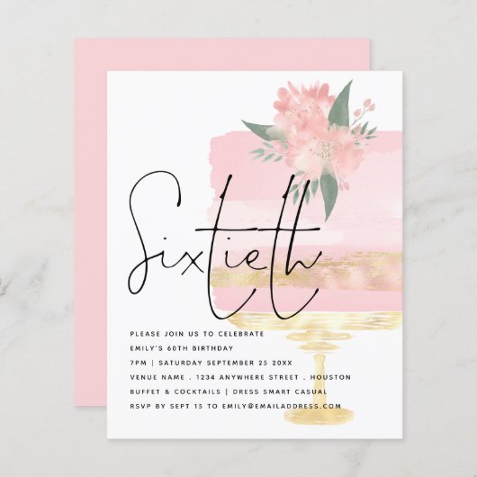 Budget Roze Gold Birthday Cake 60th Party Invite (Voorkant / Achterkant)