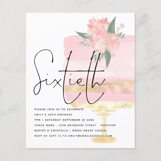 Budget Roze Gold Birthday Cake 60th Party Invite Flyer (Voorkant)