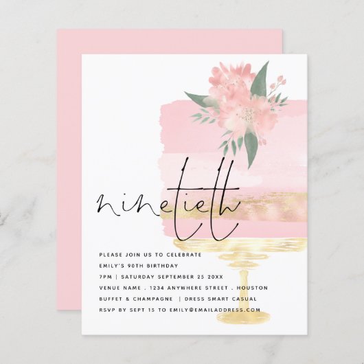 Budget Roze Gold Birthday Cake 90th Party Invite (Voorkant / Achterkant)