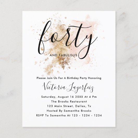 Budget Roze & Goud 40e Verjaardag Uitnodiging Flyer (Voorkant)