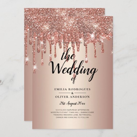 Budget Roze Goud Druppelende Glitters Bruiloft Uit Kaart (Voorkant / Achterkant)