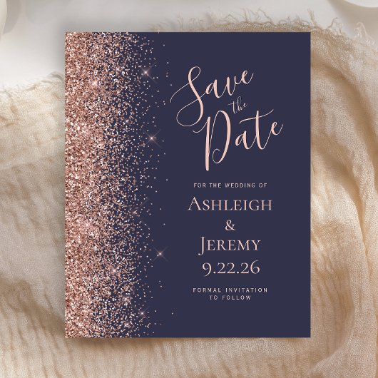 Budget Roze Goud Glitter Donkerblauwe Save the Dat