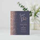 Budget Roze Goud Glitter Donkerblauwe Save the Dat (Staand voorkant)