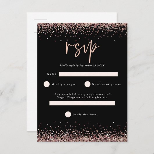 Budget Roze Goud Glitter Script Zwarte Huwelijks-R Briefkaart (Voorkant / Achterkant)