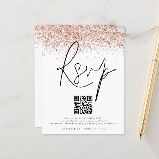 Budget Roze Goud Glitters QR Code Huwelijks RSVP B (Voorkant / Achterkant in situ)