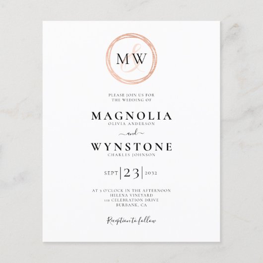 Budget Roze Goud Monogram Huwelijksuitnodiging (Voorkant)