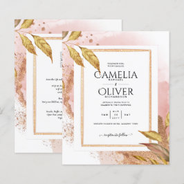 BUDGET Roze Gouden Bladeren Trouw Uitnodiging QR C