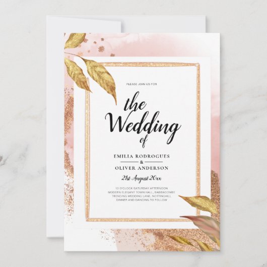 BUDGET Roze Gouden Bladeren Trouw Uitnodiging QR C (Voorkant)