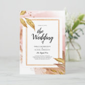 BUDGET Roze Gouden Bladeren Trouw Uitnodiging QR C (Staand voorkant)