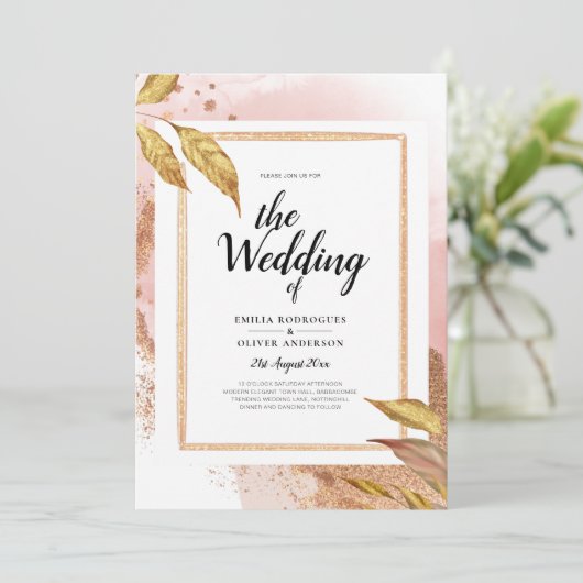 BUDGET Roze Gouden Bladeren Trouw Uitnodiging QR C (Staand voorkant)