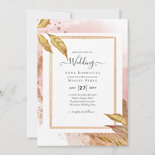 BUDGET Roze Gouden Bladeren Trouw Uitnodiging QR C (Voorkant)