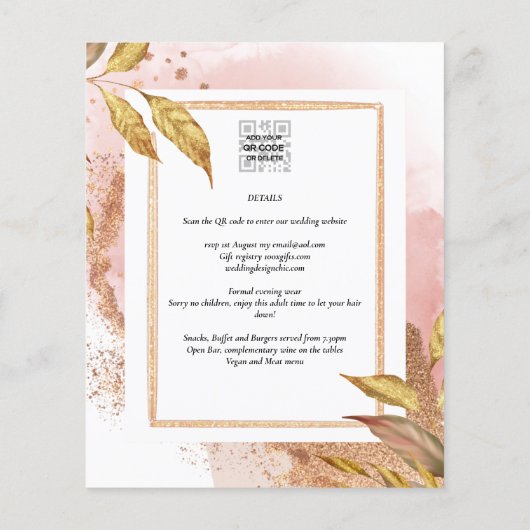 BUDGET Roze Gouden Bladeren Trouw Uitnodiging QR C Flyer (Achterkant)