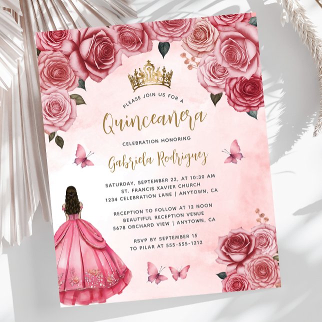 Budget Roze Gouden Bloemen Waterverf Quinceañera (Creator heeft geüpload)