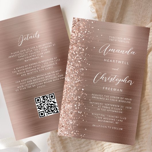 Budget Roze Gouden Glam QR Code Trouw Uitnodiging