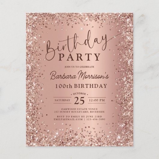 Budget Roze Gouden Glitter 100ste Verjaardagsuitno Flyer (Voorkant)