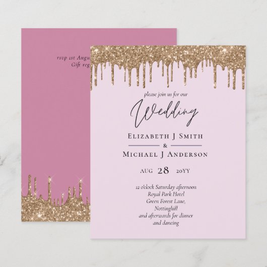 BUDGET Roze Gouden Glitter Bruiloft Uitnodigingen (Voorkant / Achterkant)