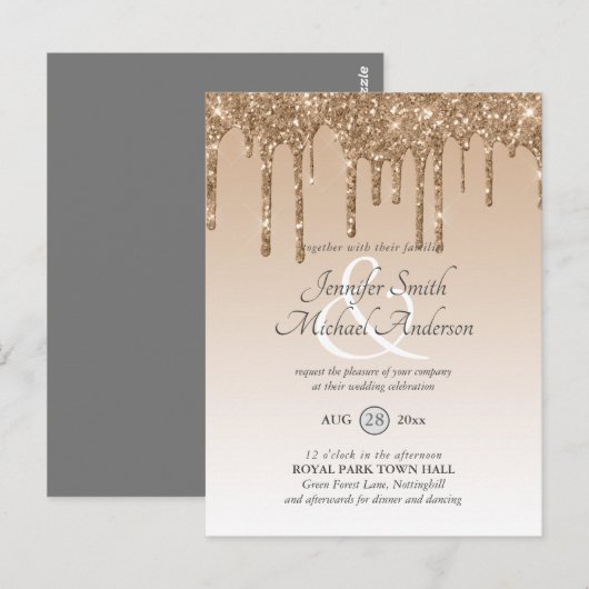 Budget Roze Gouden Glitter Druipende TROUWKAART UI Briefkaart (Voorkant / Achterkant)