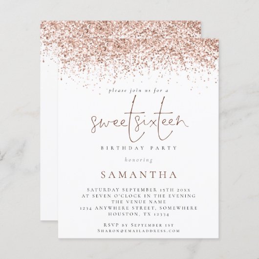 Budget Roze Gouden Glitter Sweet Sixteen Uitnodigi (Voorkant / Achterkant)