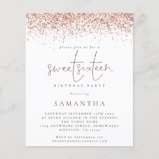 Budget Roze Gouden Glitter Sweet Sixteen Uitnodigi (Voorkant)