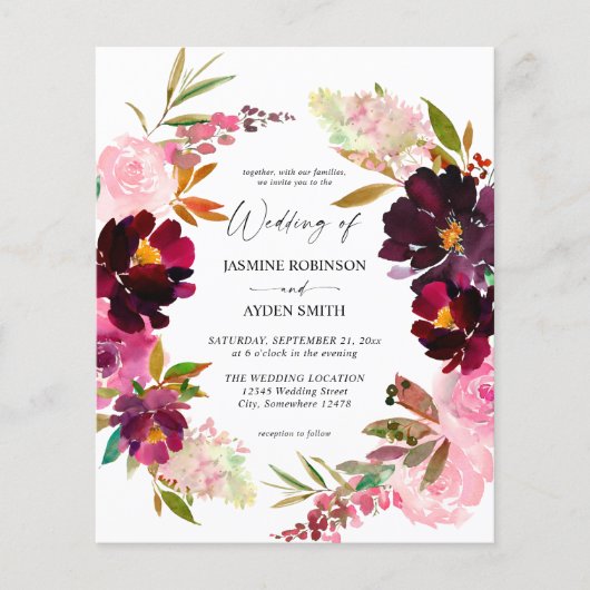 Budget Roze- Hete Blush & Paarse Bloemige Bruiloft Flyer (Voorkant)