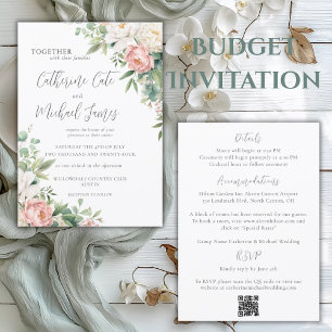 Budget Roze & Ivoorkleurig Bloemig Elegant Huwelij Kaart
