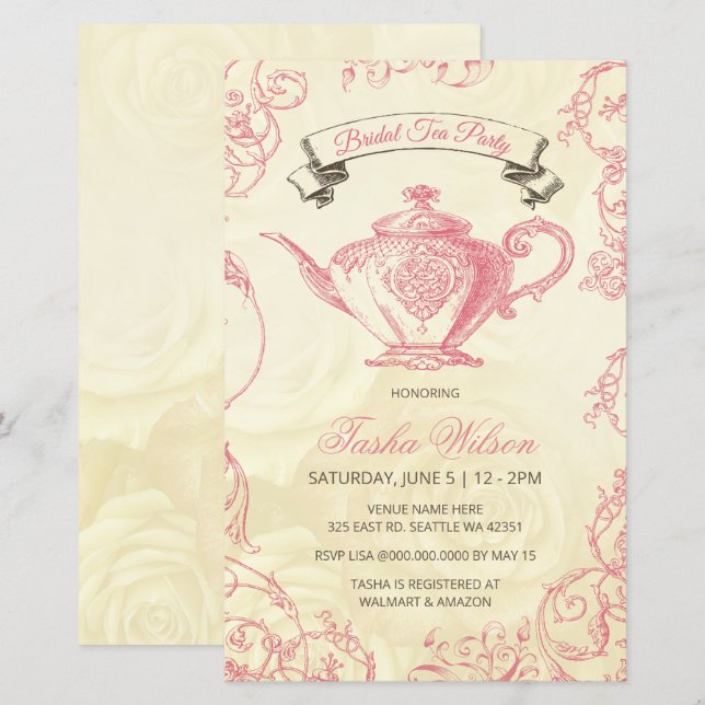 Budget roze Ivory  Bridal Tea uitnodiging (Voorkant / Achterkant)