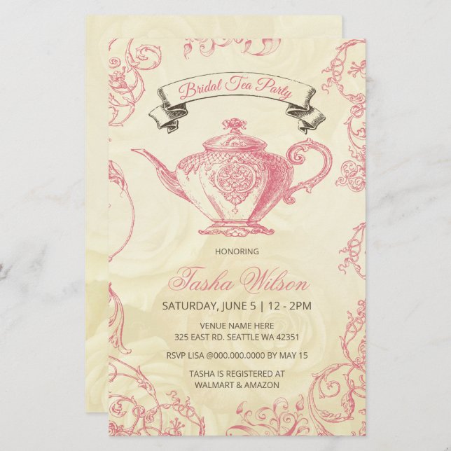 Budget roze Ivory  Bridal Tea uitnodiging (Voorkant / Achterkant)
