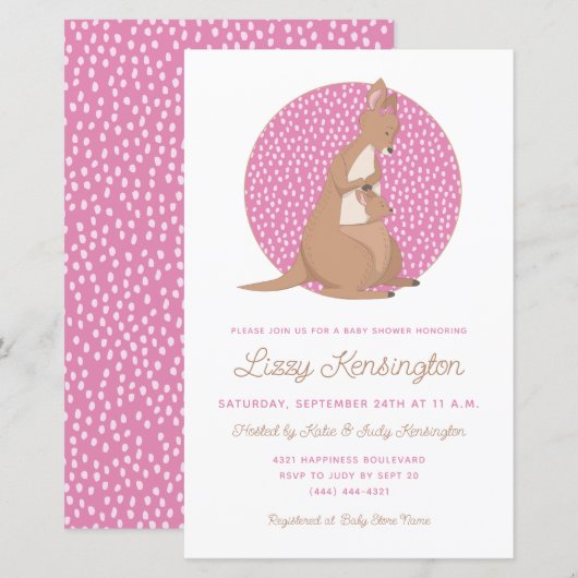 Budget Roze Kangaroo Baby Girl Uitnodiging (Voorkant / Achterkant)