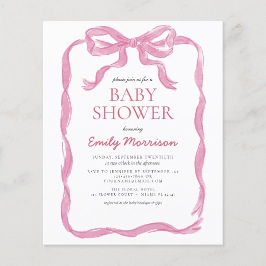 Budget Roze Lint Waterverf Bow Girl Baby shower Flyer (Voorkant)